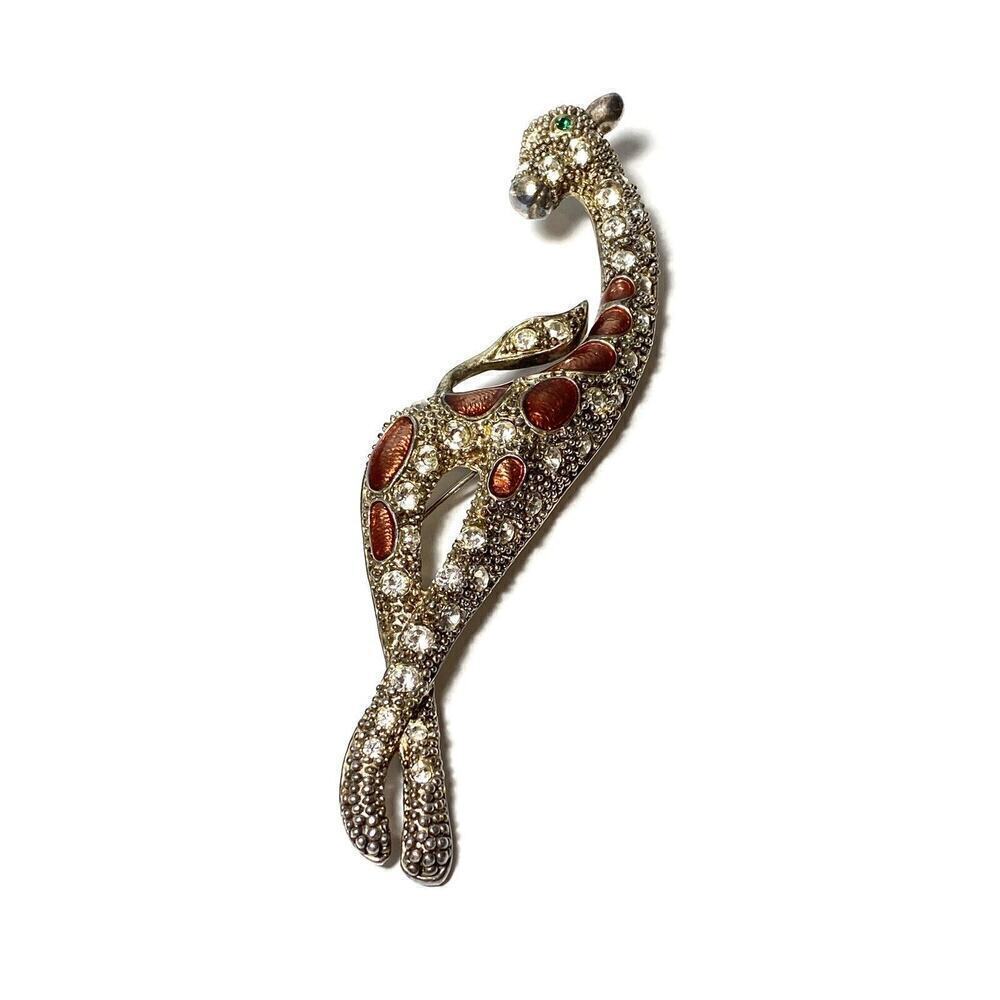 Giraffe Brooch Clear Rhinestones Enamel Brown Gold Tone Vintage Large 6”